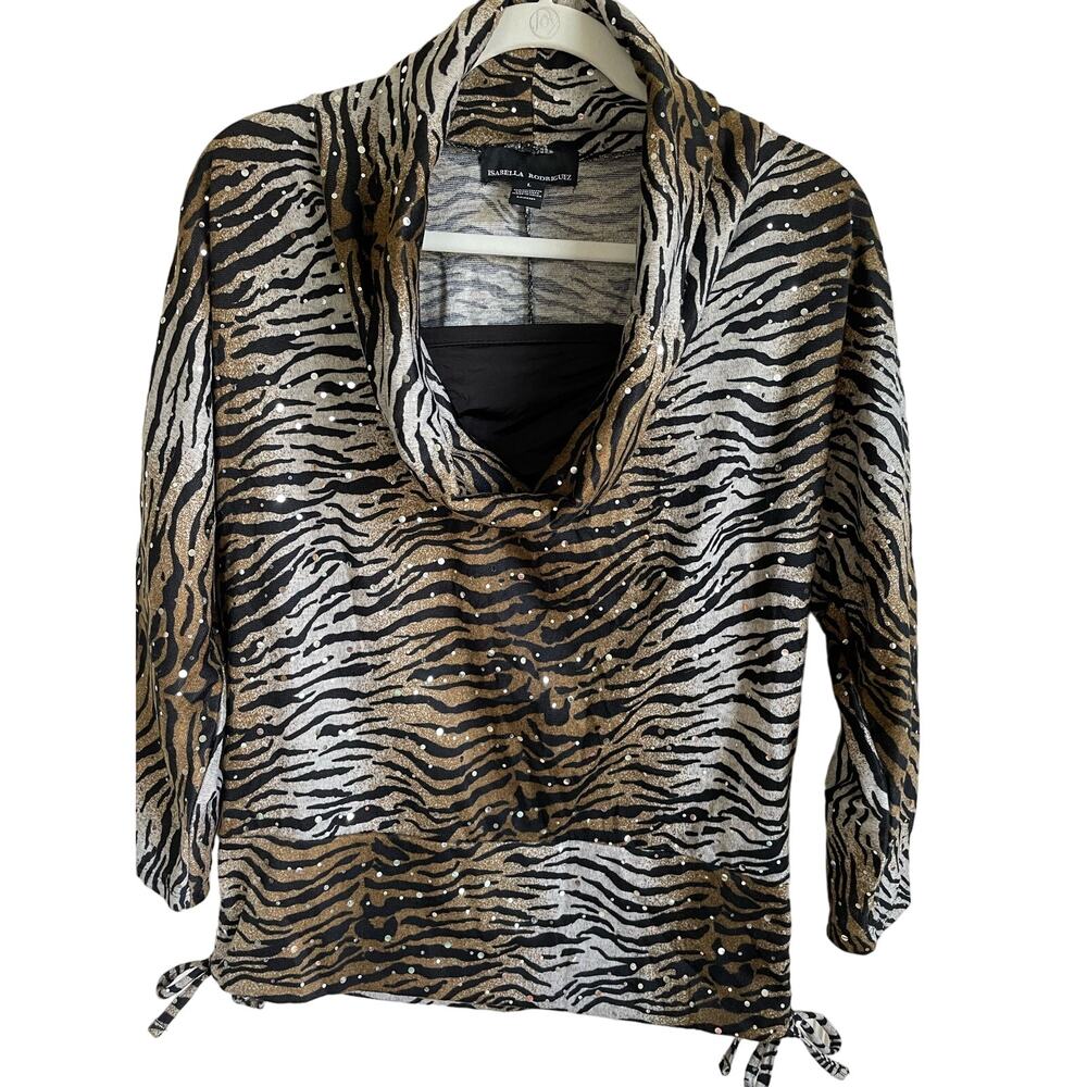 Isabella Rodriguez Sz L Top Animal Print Sparkle 3/4 Sleeve Cowl Neck Casual Fun